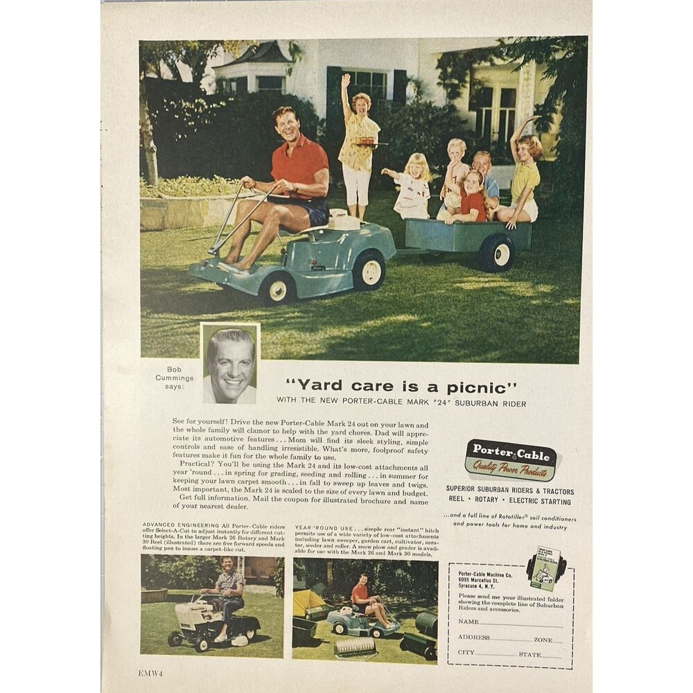Porter-Cable Machine Co. Mark 24 Suburban Rider "Bob Cummings Recommends" Ad '60